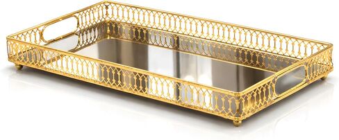 1-Pack Bar Cart Tray Decorative Mirrored Tray with Handles Gold for Jewelry Perfume Organizer Makeup and Bar Cart Tray Size: 13.7 x 9.8 inches in Saudi Arabia