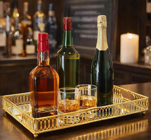 1-Pack Bar Cart Tray Decorative Mirrored Tray with Handles Gold for Jewelry Perfume Organizer Makeup and Bar Cart Tray Size: 13.7 x 9.8 inches in Saudi Arabia