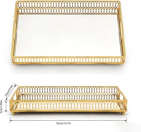 1-Pack Bar Cart Tray Decorative Mirrored Tray with Handles Gold for Jewelry Perfume Organizer Makeup and Bar Cart Tray Size: 13.7 x 9.8 inches in Saudi Arabia
