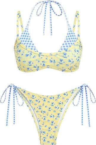ZAFUL Women's Plaid Bikini Set Colorblock Dual Straps Halter String Tie Side 2 Piece Swimsuit Bathing Suit in Saudi Arabia