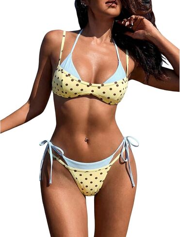 ZAFUL Women's Plaid Bikini Set Colorblock Dual Straps Halter String Tie Side 2 Piece Swimsuit Bathing Suit in Saudi Arabia