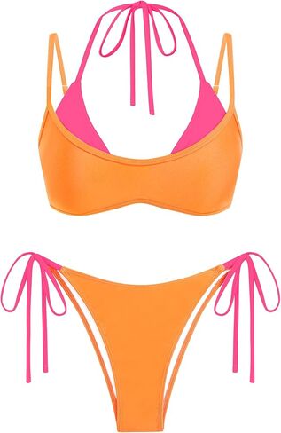 ZAFUL Women's Plaid Bikini Set Colorblock Dual Straps Halter String Tie Side 2 Piece Swimsuit Bathing Suit in Saudi Arabia