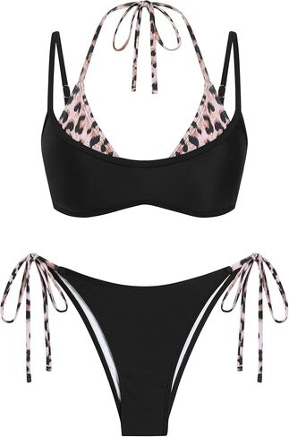 ZAFUL Women's Plaid Bikini Set Colorblock Dual Straps Halter String Tie Side 2 Piece Swimsuit Bathing Suit in Saudi Arabia