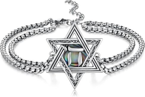 Star of David Sterling Silver Chai Bracelet, Adjustable 7-9 inches, Silver, Modern, Unisex in Saudi Arabia