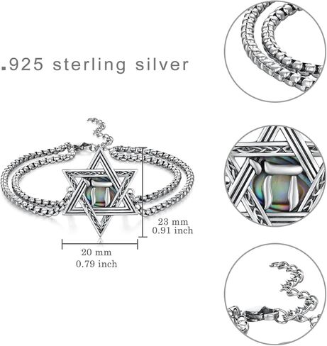 Star of David Sterling Silver Chai Bracelet, Adjustable 7-9 inches, Silver, Modern, Unisex in Saudi Arabia