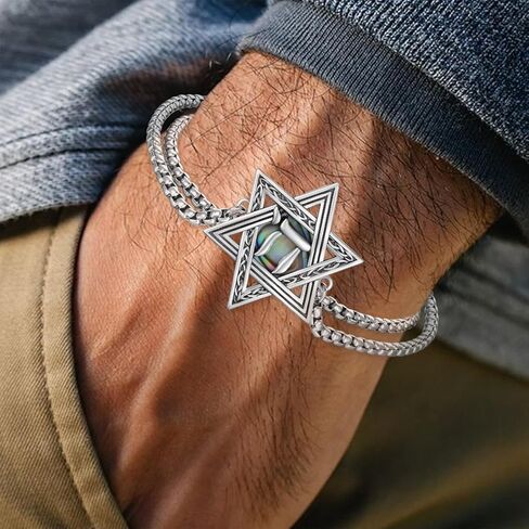 Star of David Sterling Silver Chai Bracelet, Adjustable 7-9 inches, Silver, Modern, Unisex in Saudi Arabia
