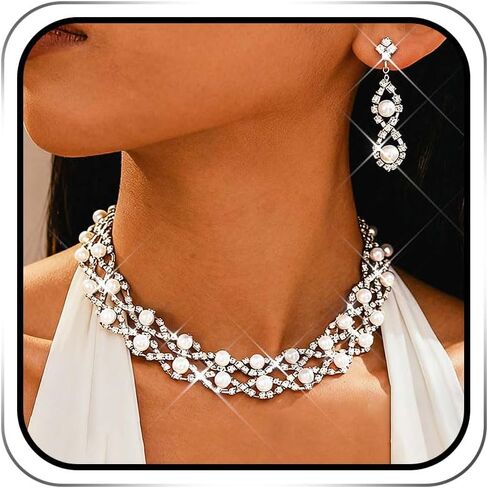ACEDRE Rhinestone Pearl Jewelry Set Silver Wedding Bridal Necklace Earrings Sets Prom Costume Jewelry for Women in Saudi Arabia