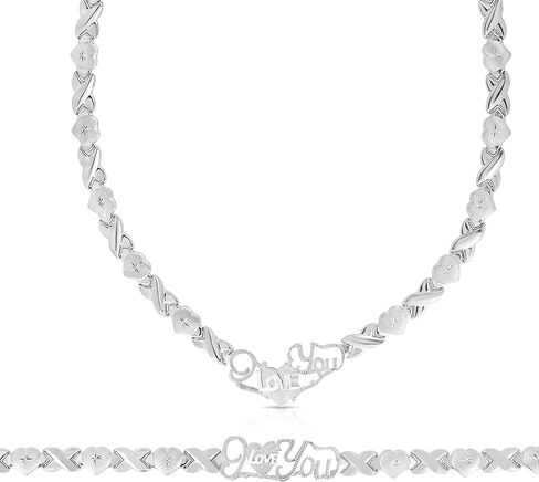 925 Sterling Silver Stampato X and Heart XOXO Hugs and Kisses with Heart "I Love You" Bracelet and Necklace Set in Saudi Arabia