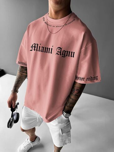Men's Oversized Crew Neck Short Sleeves T-Shirt with Gothic Letter Print, Streetwear Look for Summer（zt190） in Saudi Arabia