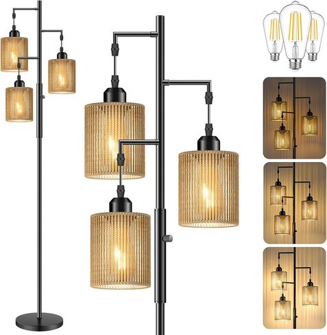 Hotsonic 72" Rattan Boho Floor Lamp, Tall Dimmable Standing Lamp with Handcrafted Brown Shade, Industrial Tree Floor Lamps for Living Room, Bedroom, Study Room, Office (3 x 800LM Bulbs Included)-Black in Kuwait