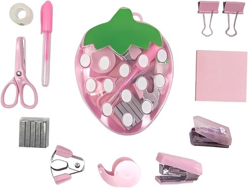 مجموعة لوازم المكتب الصغيرة بالفراولة تتضمن اللوازم المدرسية الصغيرة دباسة صغيرة ومقصًا ومزيل دبابيس وثقب وموزع شريط وملاحظات لاصقة وقلم in Kuwait