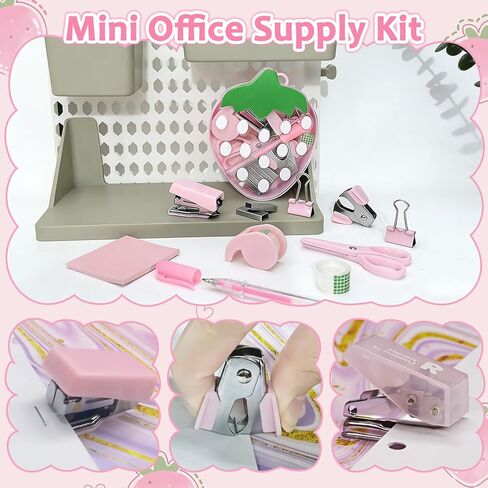 مجموعة لوازم المكتب الصغيرة بالفراولة تتضمن اللوازم المدرسية الصغيرة دباسة صغيرة ومقصًا ومزيل دبابيس وثقب وموزع شريط وملاحظات لاصقة وقلم in Kuwait