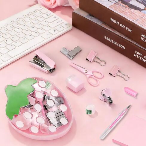 مجموعة لوازم المكتب الصغيرة بالفراولة تتضمن اللوازم المدرسية الصغيرة دباسة صغيرة ومقصًا ومزيل دبابيس وثقب وموزع شريط وملاحظات لاصقة وقلم in Kuwait