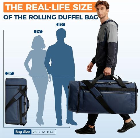 حقيبة دفل قابلة للطي مع عجلات، حقيبة دفل كبيرة سعة 80 لتر للسفر، حقيبة حمل للرجال والنساء in Kuwait