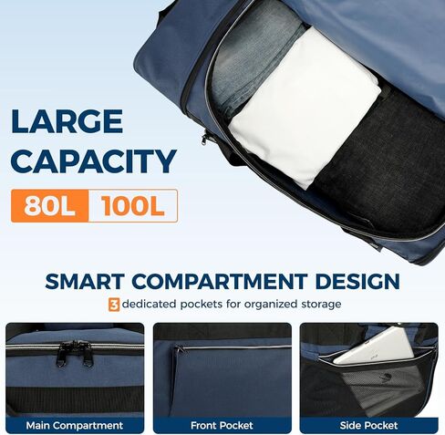 حقيبة دفل قابلة للطي مع عجلات، حقيبة دفل كبيرة سعة 80 لتر للسفر، حقيبة حمل للرجال والنساء in Kuwait