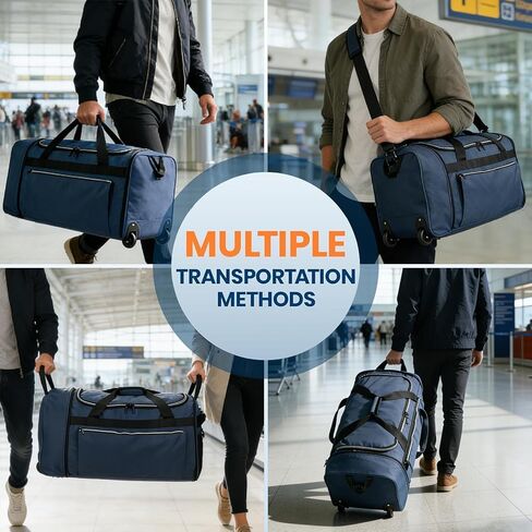 حقيبة دفل قابلة للطي مع عجلات، حقيبة دفل كبيرة سعة 80 لتر للسفر، حقيبة حمل للرجال والنساء in Kuwait