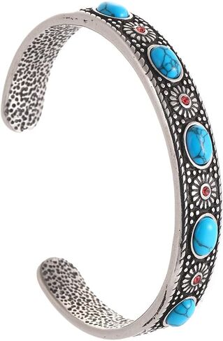 TURTLEDOVE Silver Western Turquoise Bracelet, Retro Navajo Cuff Stainless Steel, Turquoise Stone and Red Crystal Inlay Bangle in Saudi Arabia