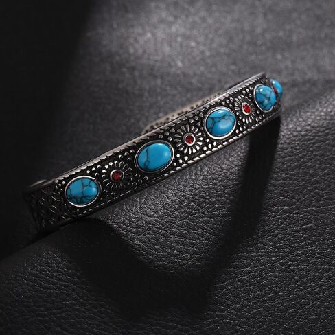 TURTLEDOVE Silver Western Turquoise Bracelet, Retro Navajo Cuff Stainless Steel, Turquoise Stone and Red Crystal Inlay Bangle in Saudi Arabia