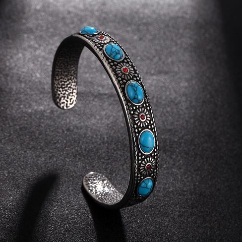 TURTLEDOVE Silver Western Turquoise Bracelet, Retro Navajo Cuff Stainless Steel, Turquoise Stone and Red Crystal Inlay Bangle in Saudi Arabia