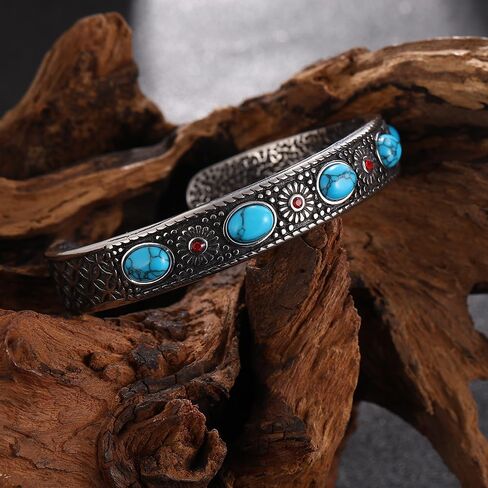TURTLEDOVE Silver Western Turquoise Bracelet, Retro Navajo Cuff Stainless Steel, Turquoise Stone and Red Crystal Inlay Bangle in Saudi Arabia