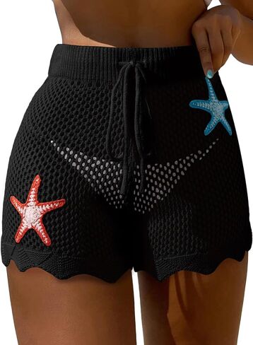 Dokotoo Womens Swim Shorts 2026 Embroidery Color Block Crochet Hollow Out High Waist Drawstring Beach Shorts Beach Cover Up in Saudi Arabia