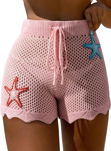 Dokotoo Womens Swim Shorts 2026 Embroidery Color Block Crochet Hollow Out High Waist Drawstring Beach Shorts Beach Cover Up in Saudi Arabia