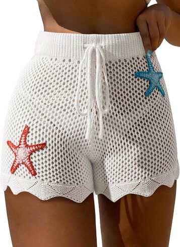 Dokotoo Womens Swim Shorts 2026 Embroidery Color Block Crochet Hollow Out High Waist Drawstring Beach Shorts Beach Cover Up in Saudi Arabia