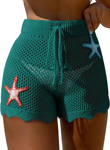 Dokotoo Womens Swim Shorts 2026 Embroidery Color Block Crochet Hollow Out High Waist Drawstring Beach Shorts Beach Cover Up in Saudi Arabia