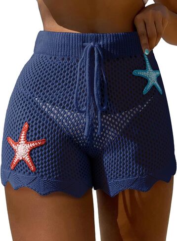 Dokotoo Womens Swim Shorts 2026 Embroidery Color Block Crochet Hollow Out High Waist Drawstring Beach Shorts Beach Cover Up in Saudi Arabia