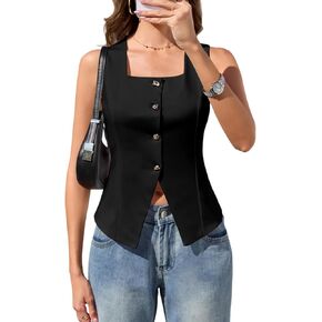AGSEEM Vest Tops for Women Sleeveless Suit Square Neck Button Down Work Business Blazer Fitted Waistcoat Adjustable Back Belt in Kuwait