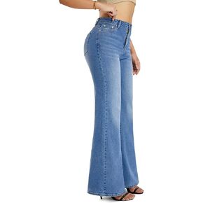 بنطال جينز نسائي واسع الخصر وواسع الساق، بنطال جينز فضفاض قابل للتمدد من الأسفل مع 5 جيوب in Kuwait