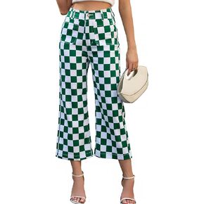 بنطال جينز مستقيم الأرجل للنساء بنطال مربعات كاجوال بخصر عالٍ وقابل للتمدد مع جيوب in Kuwait