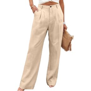 Women's Linen Palazzo Pants High Waisted Button Up Wide Leg Casual Long Lounge Trousers with Pockets in Kuwait
