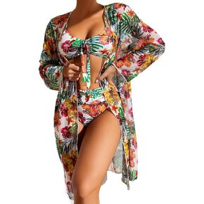 Bikini Sets for Women 3 Piece Floral Print Halter Triangle Swimsuit Bathing Suit with Beach Skirt with Cover Up in Kuwait