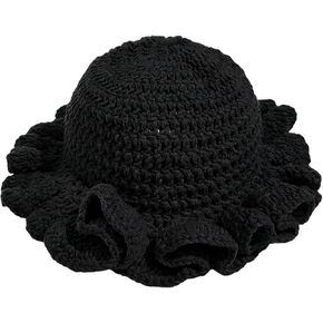 قبعة دلو كروشيه للنساء ذات حافة مكشكشة قابلة للطي قبعة شاطئ مرنة مصنوعة يدويًا قبعة صيد منسوجة in Kuwait