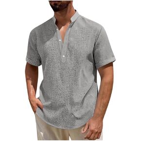 Hawaiian Shirt for Men Summe Short Sleeve Henley V Neck Beach Linen Shirts Button Up Cruise Tshirts Casual Boho Tops in Kuwait