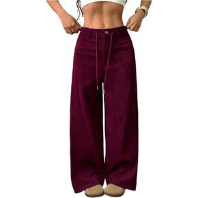 Women's Corduroy Wide Leg Pants Drawstring High Waisted Baggy Pants Retro Casual Trousers in Kuwait