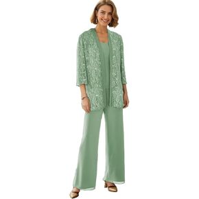 3 Pieces Mother of The Bride Pant Suits with Jacket Chiffon Lace 3/4 Sleeve Wedding Guest Pantsuit WT026 in Saudi Arabia
