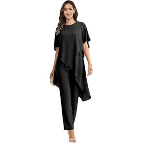2 Piece Dressy Mother of The Bride Pant Suits Scoop Neck Chiffon Wedding Guest Outfit with Sleeves for Women in Kuwait