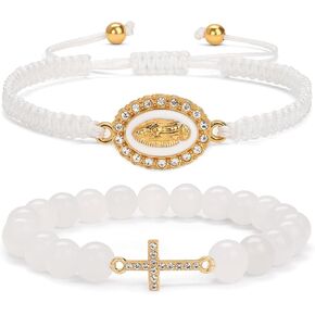 سوار متقاطع للنساء - سوار كاثوليكي بحجر أبيض طبيعي وحبل مضفر، هدايا دينية للنساء والرجال المسيحيين، مجوهرات الإيمان مع سحر الصليب ومريم العذراء in Kuwait