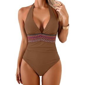 Women's One Piece Swimsuit Tummy Control Ruched Bathing Suit Halter V Neck High Waisted Swimwear in Kuwait