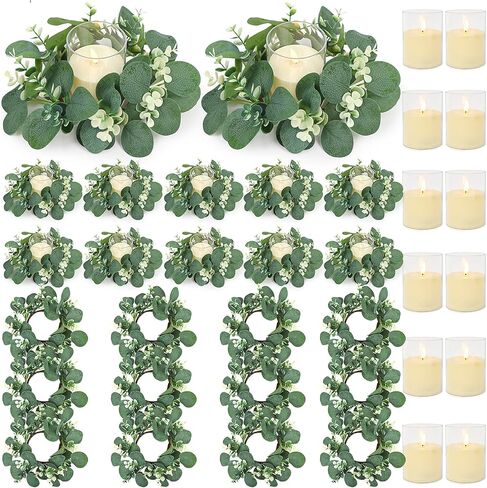 Eucalyptus Candle Rings with Flameless Candles Sets - 6 Set of Artificial Eucalyptus Greenery Table Centerpiece Wreaths 3 Inch Pillar Candleholders for Wedding Baby Shower Party Decor(6 Set) in Saudi Arabia