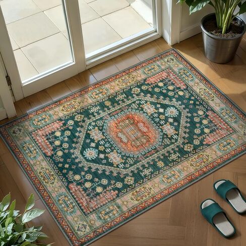 Tangsoo خمر 2x3 سجادة دخول، صغيرة قابلة للغسل سجادة باب داخلي للمدخل، أحمر أزرق غير قابل للانزلاق المطاط دعم رمي حصيرة لينة منخفضة كومة السجاد للمطبخ مدخل الشرفة الأمامية in Kuwait