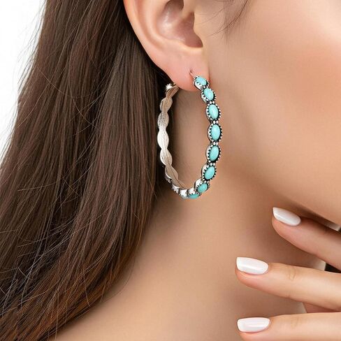 Western Earrings Boho Turquoise Hoop Earrings for Women,Vintage Oval Dangle Earring,Bohemian Ethnic Statement Jewelry Gift in Saudi Arabia