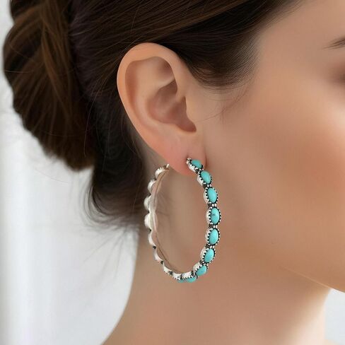 Western Earrings Boho Turquoise Hoop Earrings for Women,Vintage Oval Dangle Earring,Bohemian Ethnic Statement Jewelry Gift in Saudi Arabia