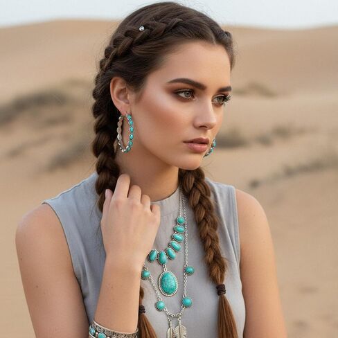 Western Earrings Boho Turquoise Hoop Earrings for Women,Vintage Oval Dangle Earring,Bohemian Ethnic Statement Jewelry Gift in Saudi Arabia