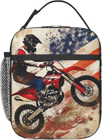 Dirt Bike Motocross American Flag Lunch Box for Adults Kids Boy Women Men Vintage Lunch Bag Cooler Tote Reusable Insulated Lunch Bag Container Gifts for Office Picnic Travel Work School in Saudi Arabia