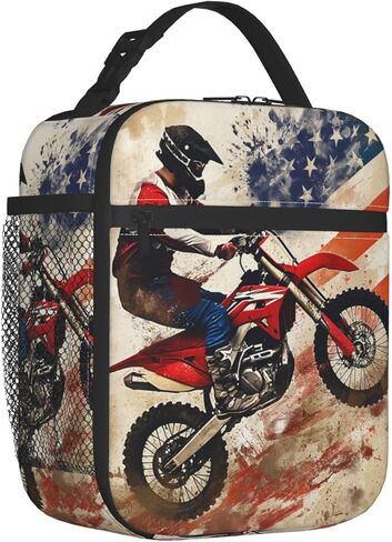 Dirt Bike Motocross American Flag Lunch Box for Adults Kids Boy Women Men Vintage Lunch Bag Cooler Tote Reusable Insulated Lunch Bag Container Gifts for Office Picnic Travel Work School in Saudi Arabia