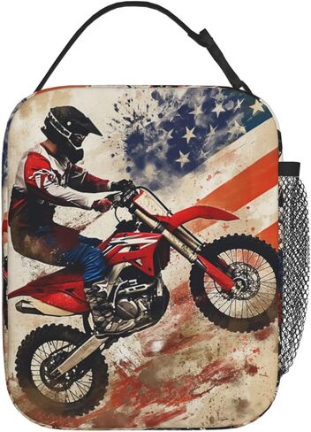 Dirt Bike Motocross American Flag Lunch Box for Adults Kids Boy Women Men Vintage Lunch Bag Cooler Tote Reusable Insulated Lunch Bag Container Gifts for Office Picnic Travel Work School in Saudi Arabia