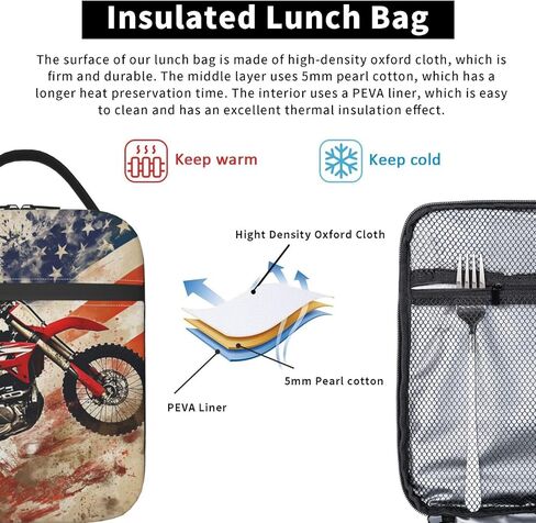 Dirt Bike Motocross American Flag Lunch Box for Adults Kids Boy Women Men Vintage Lunch Bag Cooler Tote Reusable Insulated Lunch Bag Container Gifts for Office Picnic Travel Work School in Saudi Arabia